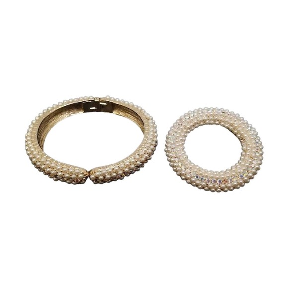 Vintage Pearl & AB Crystal Clamper Bangle Bracelet and Matching Brooch - Picture 6 of 10
